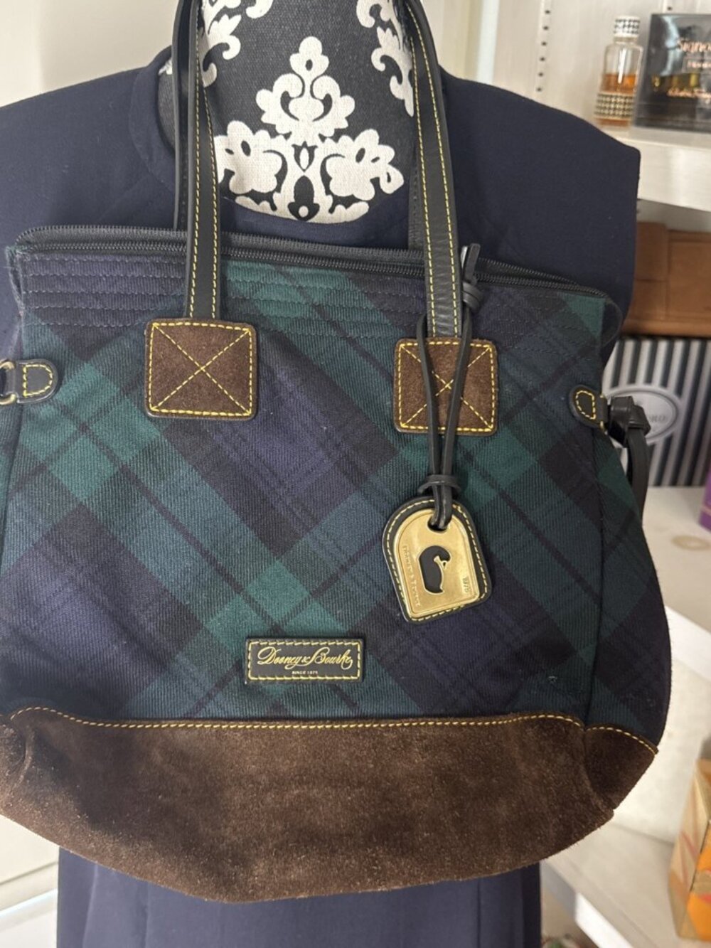 Dooney & Bourke Plaid Wool Brown Suede Bag Beautiful Red Inside.
